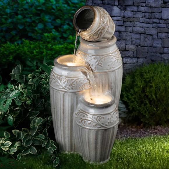 Glitzhome Glitzhome 27.25"H 3-Tier Sand Beige Embossed Pattern Ceramic Pots Fountain With Pump And LED Light