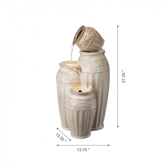 Glitzhome Glitzhome 27.25"H 3-Tier Sand Beige Embossed Pattern Ceramic Pots Fountain With Pump And LED Light