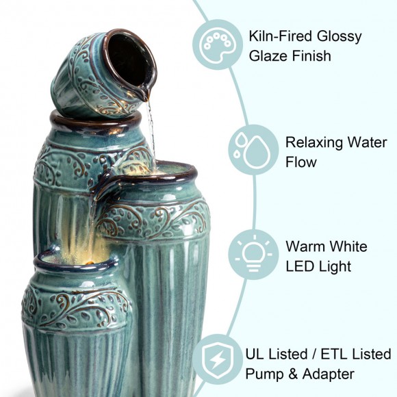 Glitzhome Glitzhome 27.25"H 3-Tier Turquoise Embossed Pattern Outdoor Ceramic Pots Fountain With Pump And LED Light