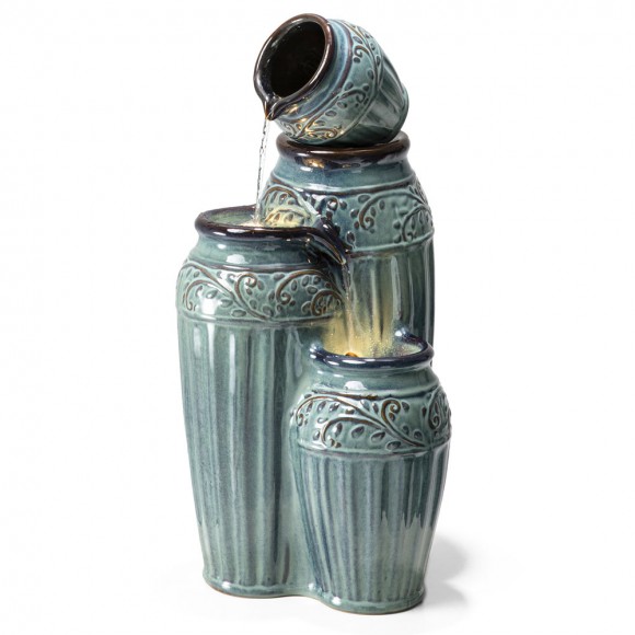 glitzhome Glitzhome 27.25"H 3-Tier Turquoise Embossed Pattern Outdoor Ceramic Pots Fountain with Pump and LED Light