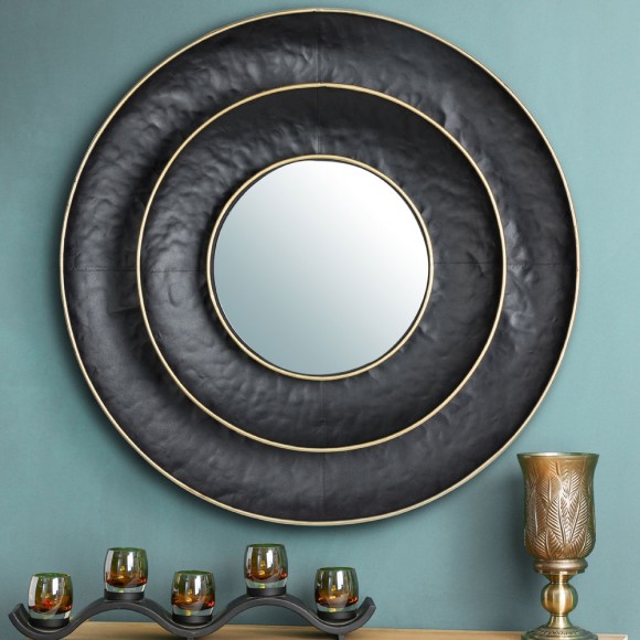 Glitzhome Glitzhome 27.36"D Black With Golden Trimming 3D Round Metal Wall Mirror