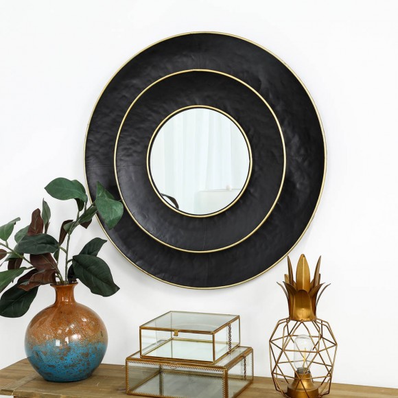Glitzhome Glitzhome 27.36"D Black With Golden Trimming 3D Round Metal Wall Mirror