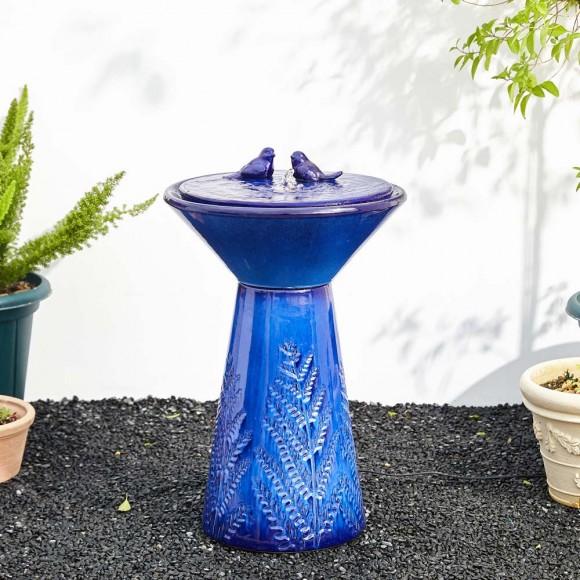 Glitzhome Glitzhome 27.5"H Cobalt Blue Two Birds Embossed Plant Pattern Pedestal Ceramic Fountain With Pump And LED Light