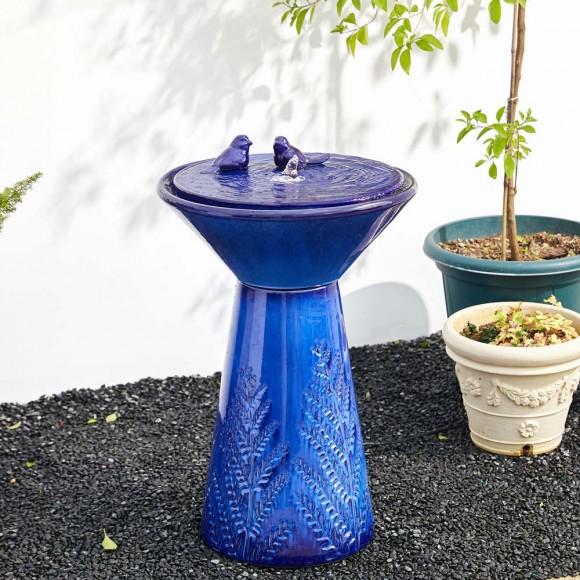 Glitzhome Glitzhome 27.5"H Cobalt Blue Two Birds Embossed Plant Pattern Pedestal Ceramic Fountain With Pump And LED Light