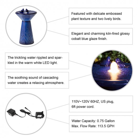 Glitzhome Glitzhome 27.5"H Cobalt Blue Two Birds Embossed Plant Pattern Pedestal Ceramic Fountain With Pump And LED Light
