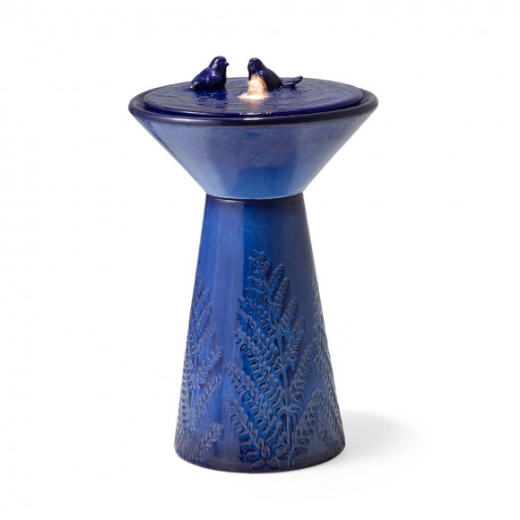 glitzhome Glitzhome 27.5"H Cobalt Blue Two Birds Embossed Plant Pattern Pedestal Ceramic Fountain with Pump and LED Light