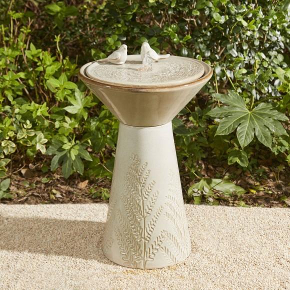Glitzhome Glitzhome 27.5"H Sand Beige Two Birds Embossed Fern Fronds Pattern Pedestal Outdoor Ceramic Birdbath Fountain With Pump And LED Light