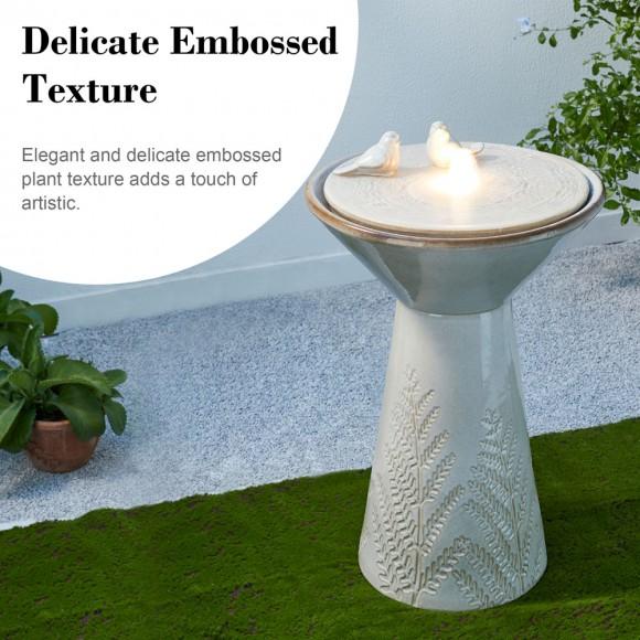 Glitzhome Glitzhome 27.5"H Sand Beige Two Birds Embossed Fern Fronds Pattern Pedestal Outdoor Ceramic Birdbath Fountain With Pump And LED Light