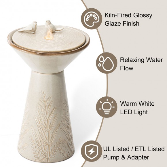 Glitzhome Glitzhome 27.5"H Sand Beige Two Birds Embossed Fern Fronds Pattern Pedestal Outdoor Ceramic Birdbath Fountain With Pump And LED Light