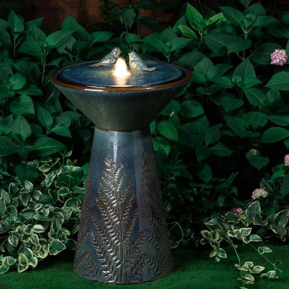 Glitzhome Glitzhome 27.5"H Turquoise Two Birds Embossed Plant Pattern Pedestal Ceramic Fountain With Pump And LED Light