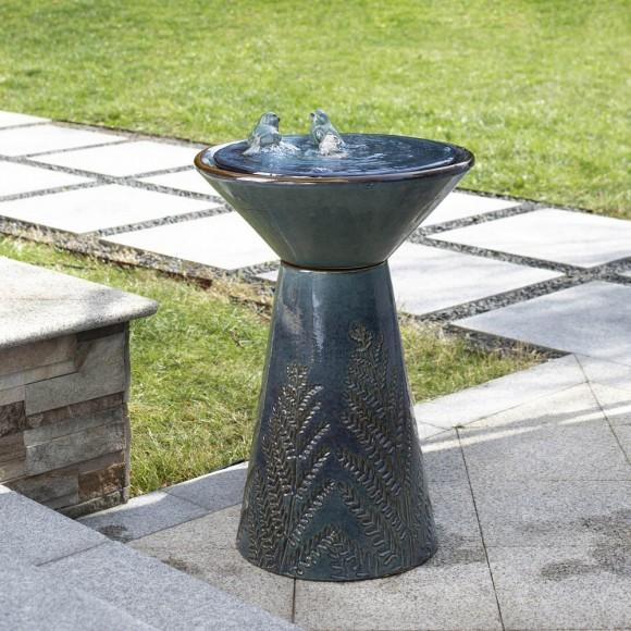 Glitzhome Glitzhome 27.5"H Turquoise Two Birds Embossed Plant Pattern Pedestal Ceramic Fountain With Pump And LED Light