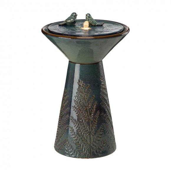 glitzhome Glitzhome 27.5"H Turquoise Two Birds Embossed Plant Pattern Pedestal Ceramic Fountain with Pump and LED Light