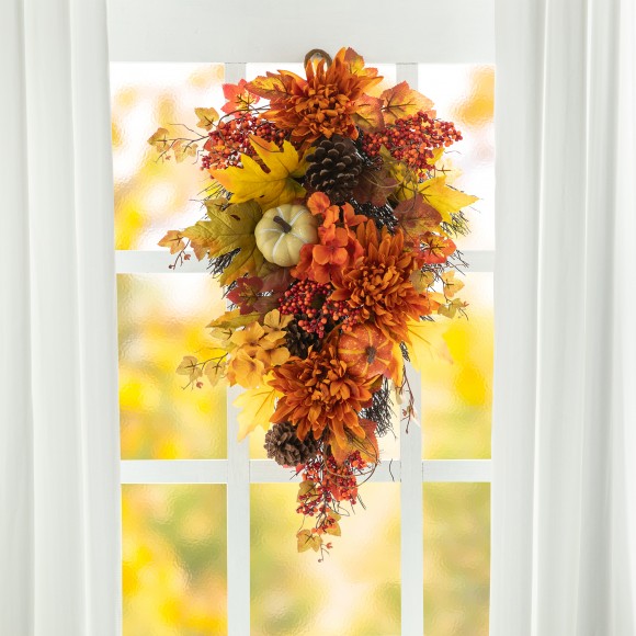 Glitzhome Glitzhome 27"H Fall Dahlia Pumpkin Leaf And Berry Swag