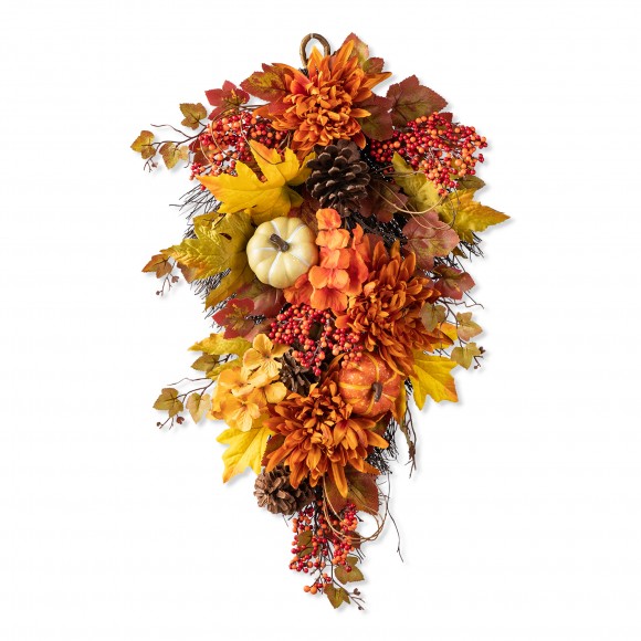 glitzhome Glitzhome 27"H Fall Dahlia Pumpkin Leaf and Berry Swag