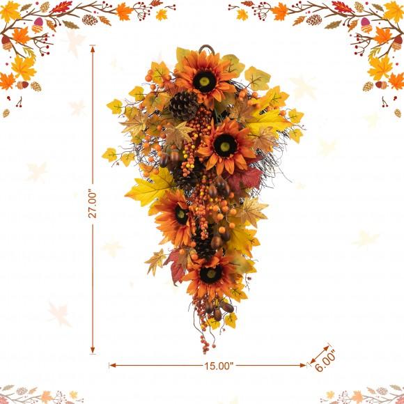 Glitzhome Glitzhome 27"H Fall Sunflower Maple Leaf And Berry Swag