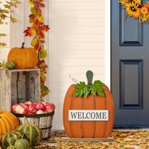 Glitzhome Glitzhome 27"H Fall Wood/Metal "WELCOME" Pumpkin Porch Decor(KD)