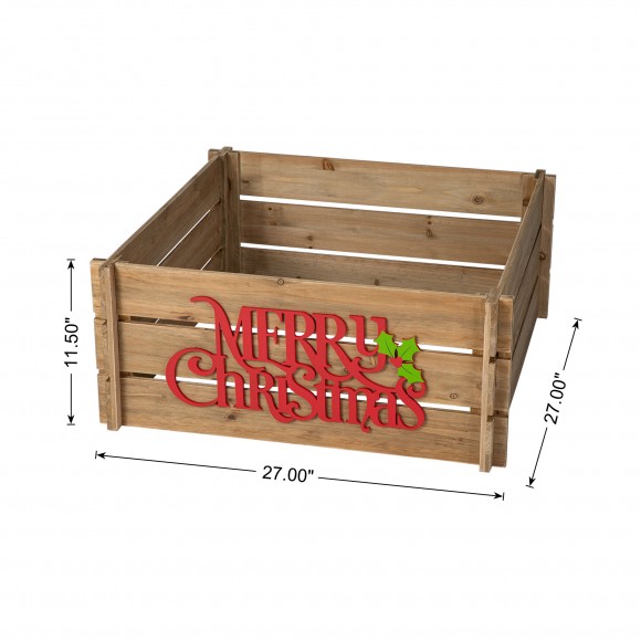 Glitzhome Glitzhome 27"L Natural Wooden "MERRY CHRISTMAS" Solid Wood Crate Tree Collar (KD)