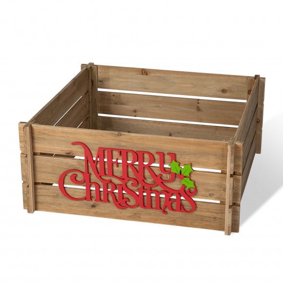 glitzhome Glitzhome 27"L Natural Wooden "MERRY CHRISTMAS" Solid Wood Crate Tree Collar (KD)