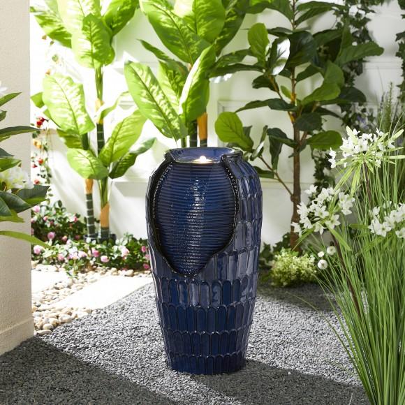Glitzhome Glitzhome 28.25"H Oversized Cobalt Blue Petals Textured Ceramic Jar Outdoor Floor Fountain With Pump And LED Light (KD)