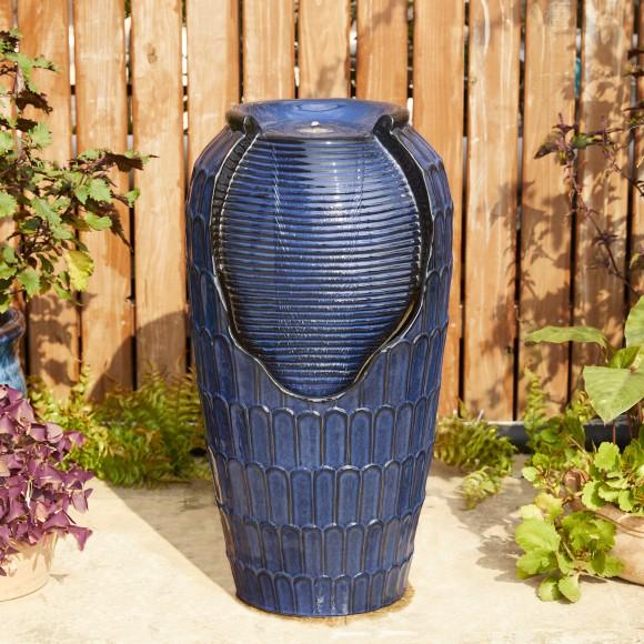 Glitzhome Glitzhome 28.25"H Oversized Cobalt Blue Petals Textured Ceramic Jar Outdoor Floor Fountain With Pump And LED Light (KD)
