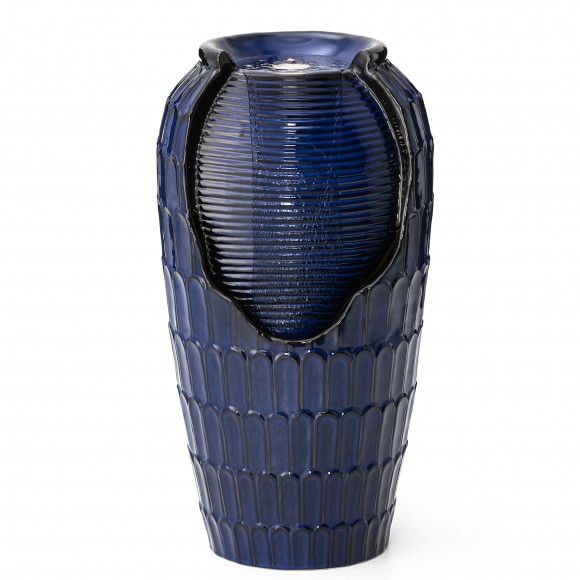 glitzhome Glitzhome 28.25"H Oversized Cobalt Blue Petals Textured Ceramic Jar Outdoor Floor Fountain with Pump and LED Light (KD)