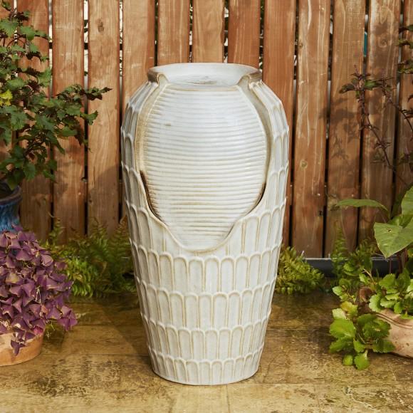 Glitzhome Glitzhome 28.25"H Oversized Sand Beige Petals Textured Ceramic Jar Outdoor Floor Fountain With Pump And LED Light (KD)