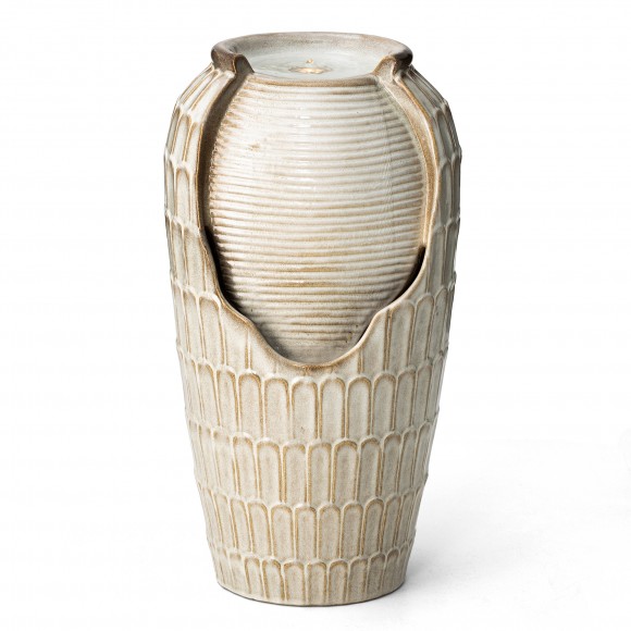 glitzhome Glitzhome 28.25"H Oversized Sand Beige Petals Textured Ceramic Jar Outdoor Floor Fountain with Pump and LED Light (KD)