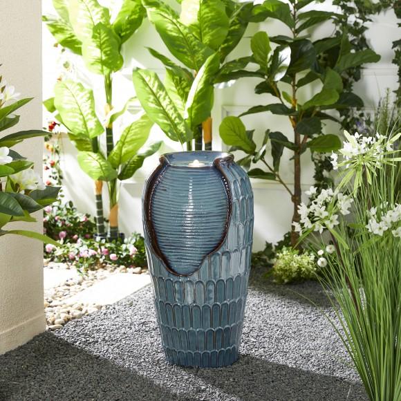 Glitzhome Glitzhome 28.25"H Oversized Turquoise Petals Textured Ceramic Jar Outdoor Floor Fountain With Pump And LED Light (KD)