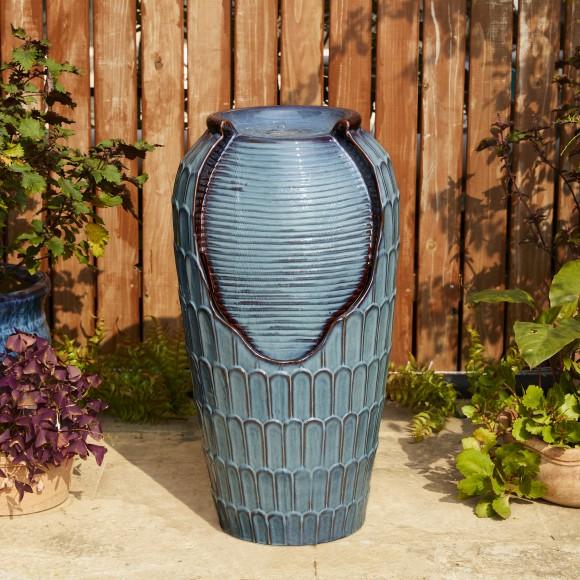 Glitzhome Glitzhome 28.25"H Oversized Turquoise Petals Textured Ceramic Jar Outdoor Floor Fountain With Pump And LED Light (KD)