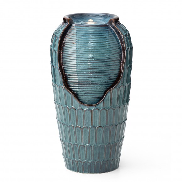 glitzhome Glitzhome 28.25"H Oversized Turquoise Petals Textured Ceramic Jar Outdoor Floor Fountain with Pump and LED Light (KD)