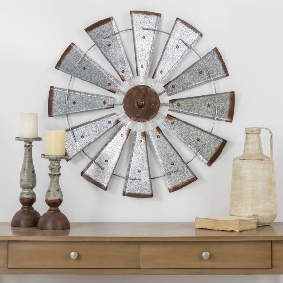 Glitzhome Glitzhome 28.50"D Farmhouse Metal Galvanized Wind Spinner Wall Décor