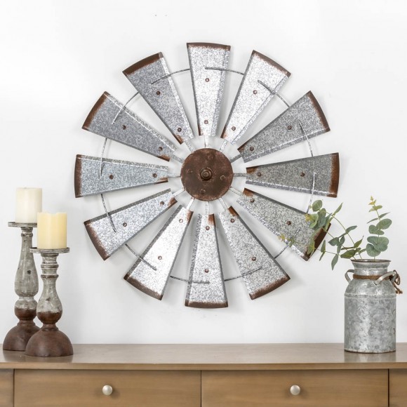 Glitzhome Glitzhome 28.50"D Farmhouse Metal Galvanized Wind Spinner Wall Décor