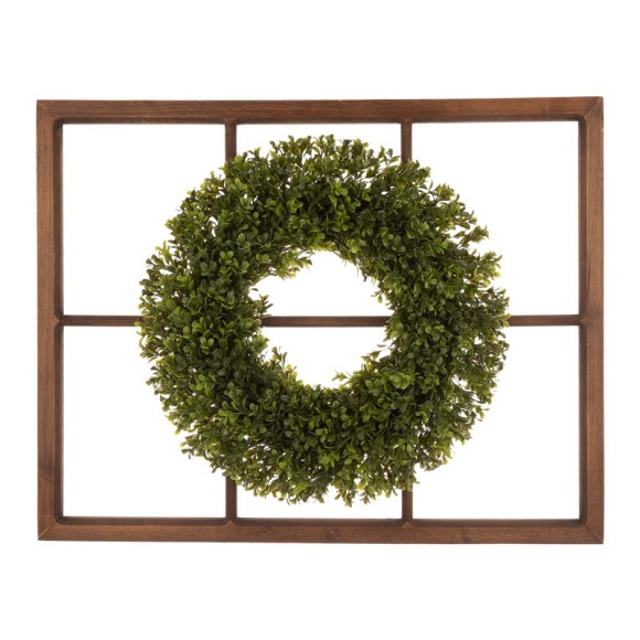 glitzhome Glitzhome 28"H Wooden Window Frame with 18"D Boxwood Wreath