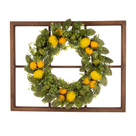 glitzhome Glitzhome 28"H Wooden Window Frame with 22"D Greenery Lemon Wreath