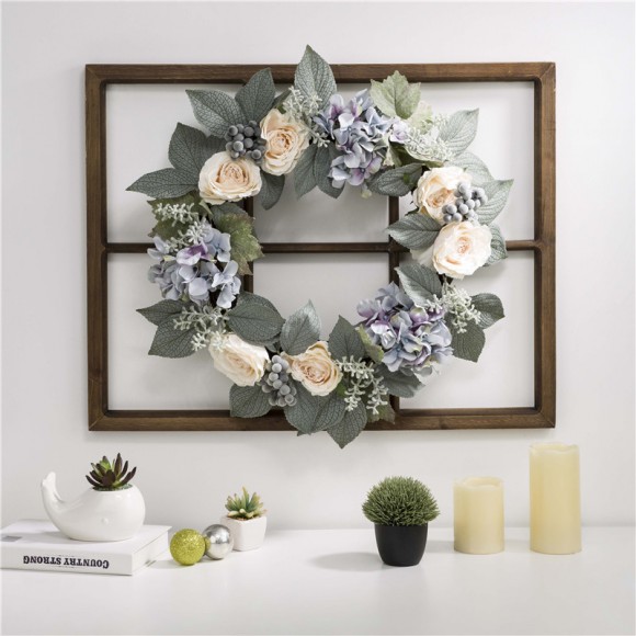 Glitzhome Glitzhome 28"H Wooden Window Frame With 22"D Hydrangea Rose Wreath