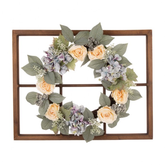 glitzhome Glitzhome 28"H Wooden Window Frame with 22"D Hydrangea Rose Wreath