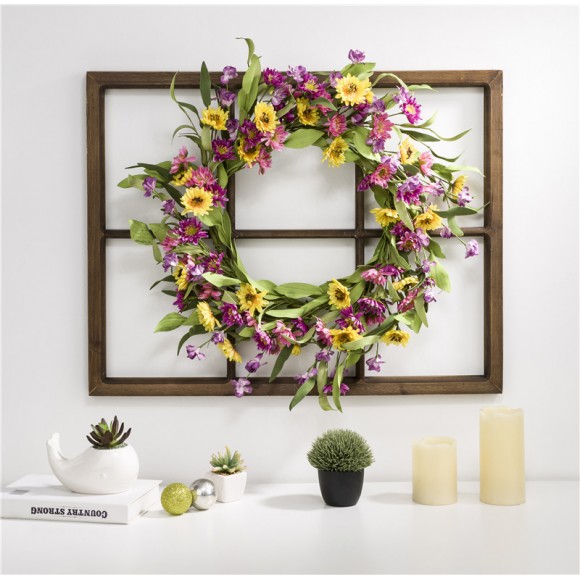 Glitzhome Glitzhome 28"H Wooden Window Frame With 24"D Artificial Chrysanthemum Wreath