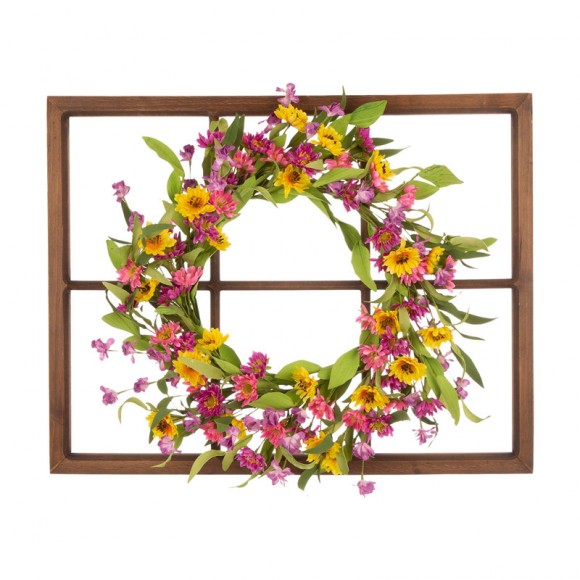 glitzhome Glitzhome 28"H Wooden Window Frame with 24"D Artificial Chrysanthemum Wreath