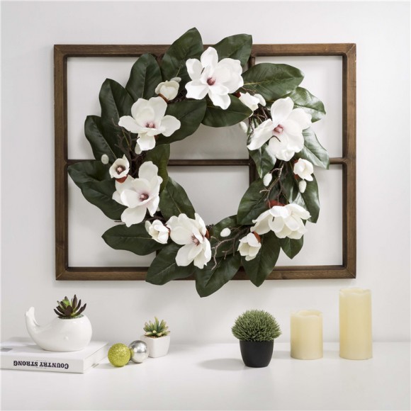 Glitzhome Glitzhome 28"H Wooden Window Frame With 24"D Magnolia Wreath