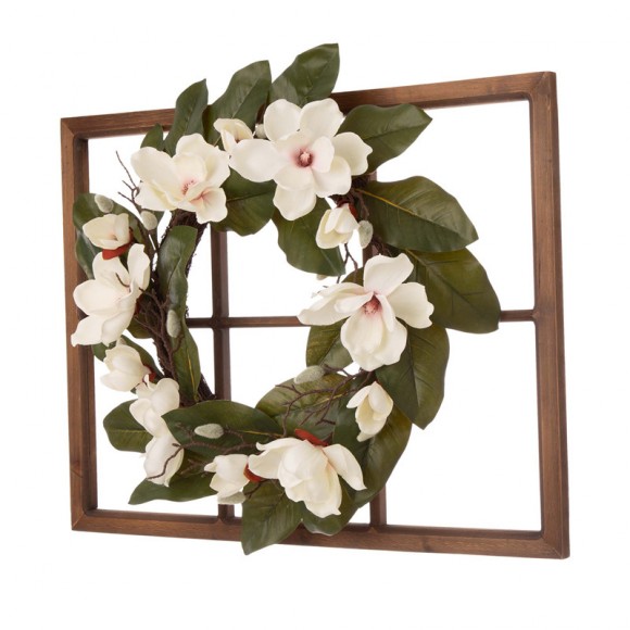Glitzhome Glitzhome 28"H Wooden Window Frame With 24"D Magnolia Wreath