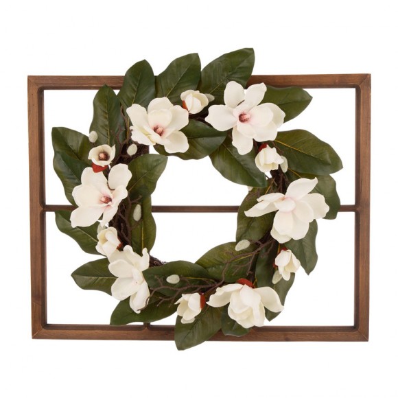 glitzhome Glitzhome 28"H Wooden Window Frame with 24"D Magnolia Wreath