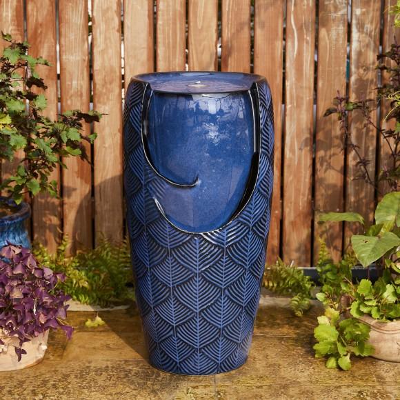 Glitzhome Glitzhome 29.25"H Oversized Cobalt Blue Scale-Like Textured Glaze Ceramic Pot Outdoor Floor Fountain With Pump And LED Light (KD)