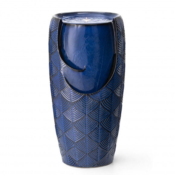 glitzhome Glitzhome 29.25"H Oversized Cobalt Blue Scale-Like Textured Glaze Ceramic Pot Outdoor Floor Fountain with Pump and LED Light (KD)