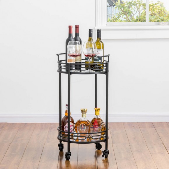 Glitzhome Glitzhome 29.5"H Black Deluxe 2-Tier Metal Round Mirrored Bar Cart