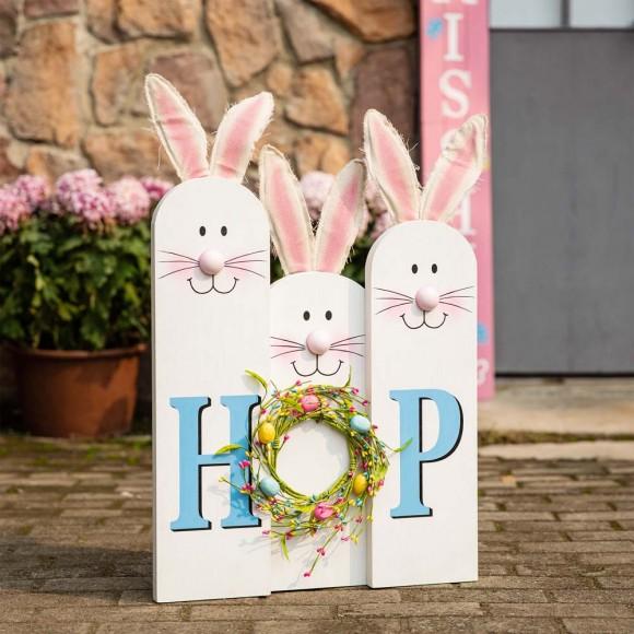 Glitzhome Glitzhome 29.5"H Easter Wooden Bunny Family "HOP" Porch Sign With An Egg Wreath