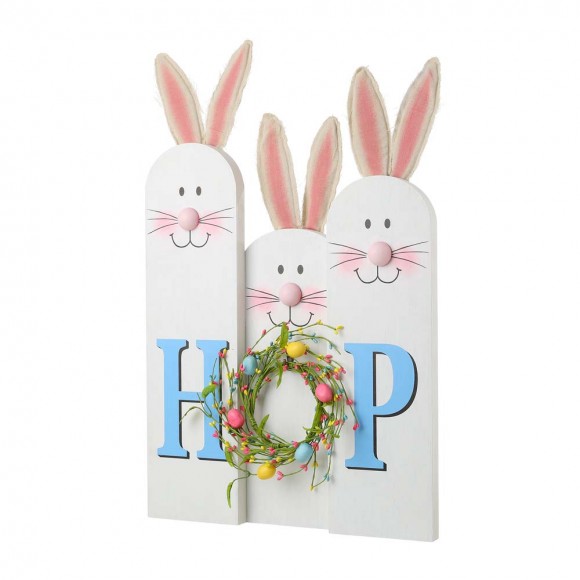 glitzhome Glitzhome 29.5"H Easter Wooden Bunny Family "HOP" Porch Sign with an Egg Wreath