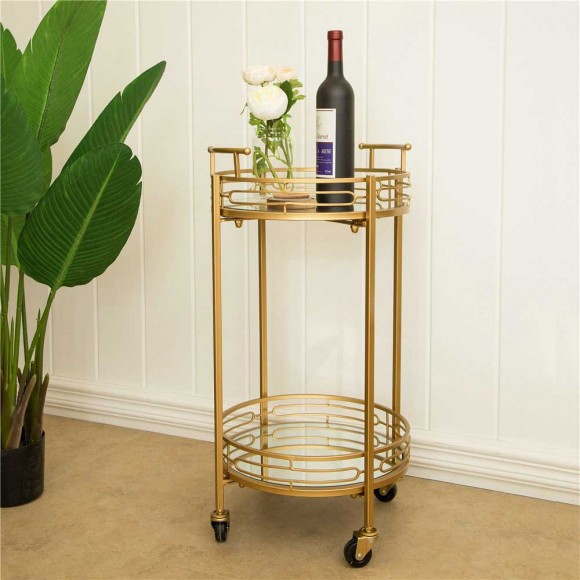 Glitzhome Glitzhome 29.5"H Gold Deluxe 2-Tier Metal Bar Cart Round Mirrored Glass Top Serving Cart