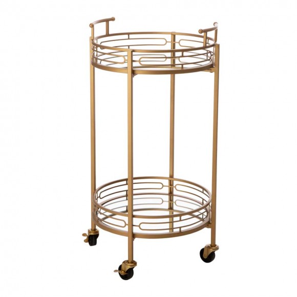 glitzhome Glitzhome 29.5"H Gold Deluxe 2-Tier Metal Bar Cart Round Mirrored Glass Top Serving Cart