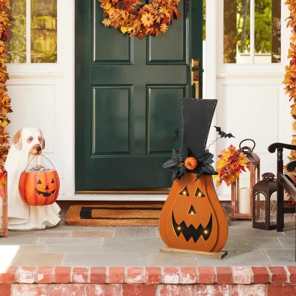 Glitzhome Glitzhome 29.5"H Halloween Lighted Wooden Jack-O-Lantern Porch Decor With Floral & Timer (KD)
