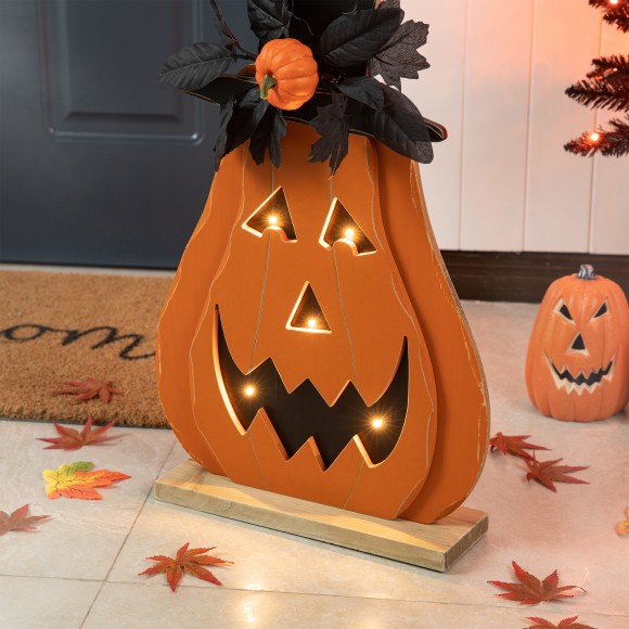 Glitzhome Glitzhome 29.5"H Halloween Lighted Wooden Jack-O-Lantern Porch Decor With Floral & Timer (KD)
